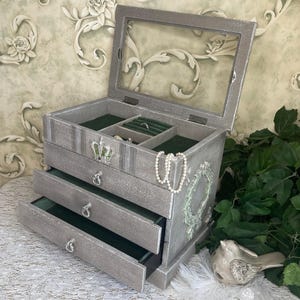 Hand Painted Vintage Jewelry Chest: Velvet Lined, Glass Lid, Crown & Bees