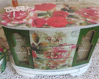 Vintage Jewelry Box with Drawers , Oval  Wood Chest,  Red Green Floral  One of a Kind , Gift for woman, Upcycled , French Cottage