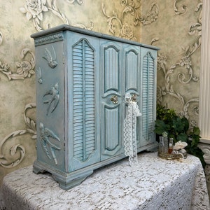 Extra Large Jewelry Armoire, Solid Wood VIntage Cabinet, Refinished Hand Painted Aqua Birds, One of a Kind Luxurious Gift for Woman