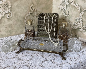 Vintage Ormolu Bureau Set,  Perfume Bottles, Tissue Holder, Salt Dishes, Footed Crystal Dish with Tray,  Romantic Shabby Jewelry Holder