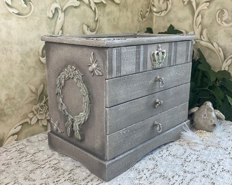 Large Vintage Jewelry Chest, Ring Holder, Glass Lid, Neutral Gray Tan Hand Painted, New Real Velvet, One of a Kind Gift for Woman