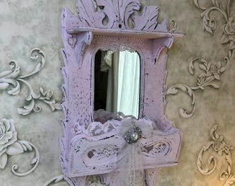 Vintage Ornate Mirror Shelf, Pink Shabby Hand Painted Cherubs Lace