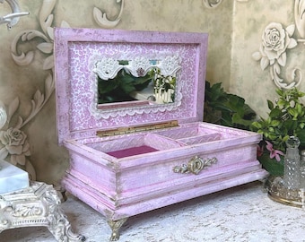 Pink Floral Jewelry Box , Solid Wood Chest with Valet Tray, One of a Kind Gift for Woman, Musical,  luxury Jewelry Storage