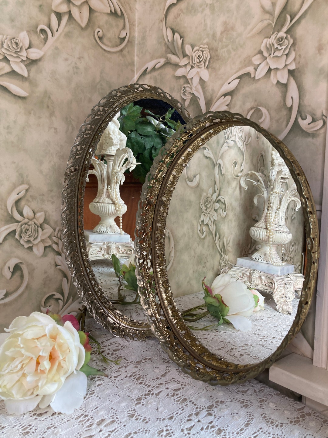 Set of 2 Vintage Vanity Mirrors Oval Gold Metal Perfume Etsy