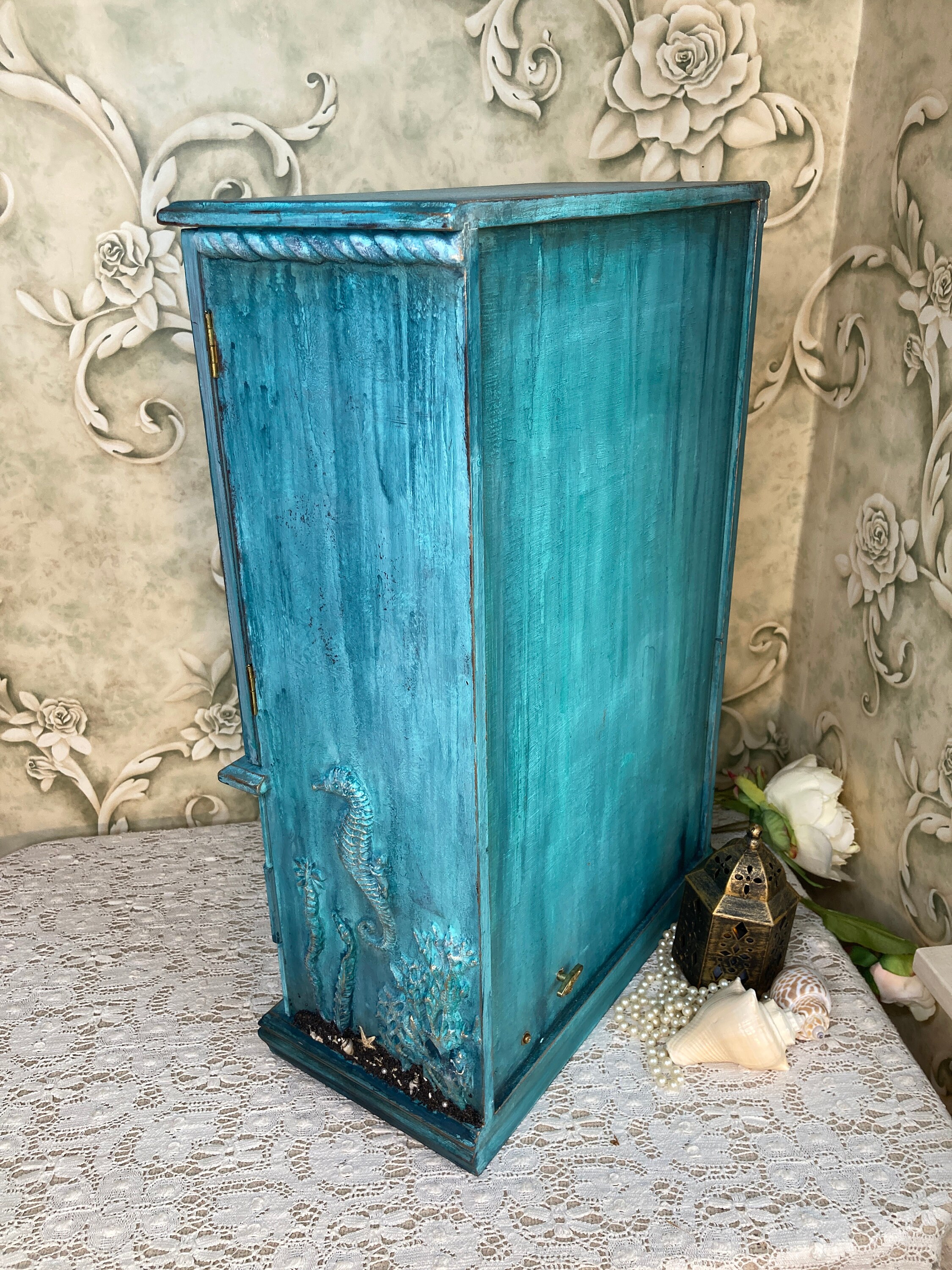 Picture Idea: Large Beach Themed Jewelry Box Vintage Wood Armoire Beach House