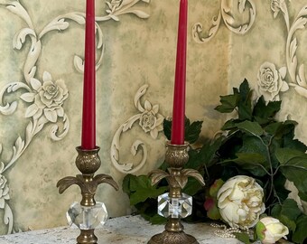 Pair of Vintage Brass Lucite Candle Holders Hollywood Regency Decor, Bed, Bath, Dining