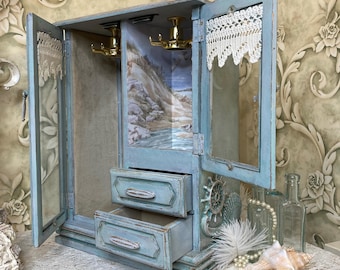 Large Beach Themed Jewelry Box, Vintage Hand Painted Armoire, One of a Kind Upcycled Gift