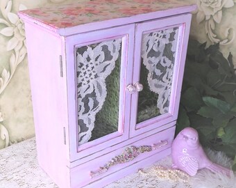 Pink Jewelry Box Vintage, Glass Doors,  Dainty Floral, French Cottage Chic, Upcycled Hand painted