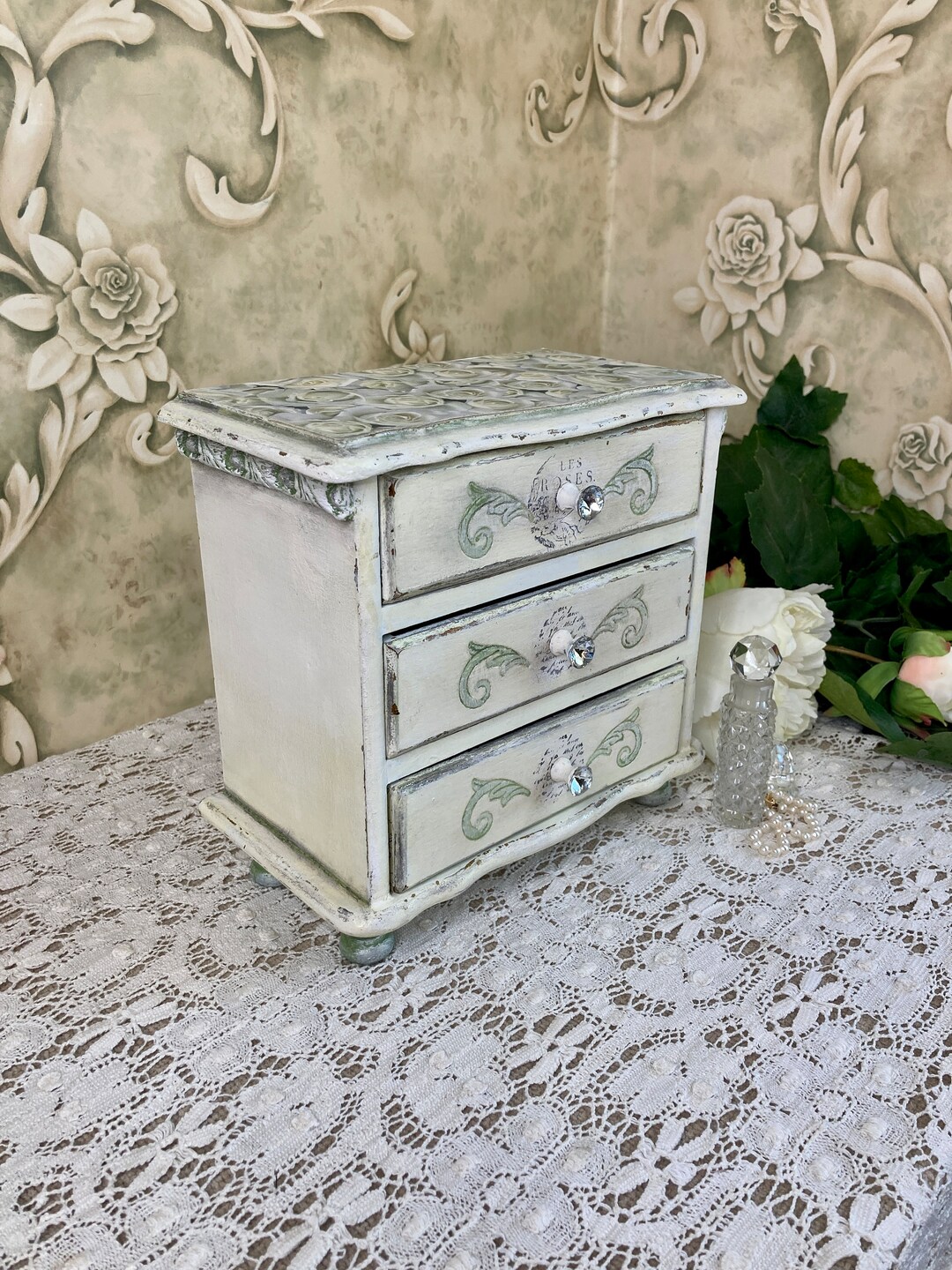 Vintage Jewelry Chest With Drawers, Romantic Gift for Woman, Cream