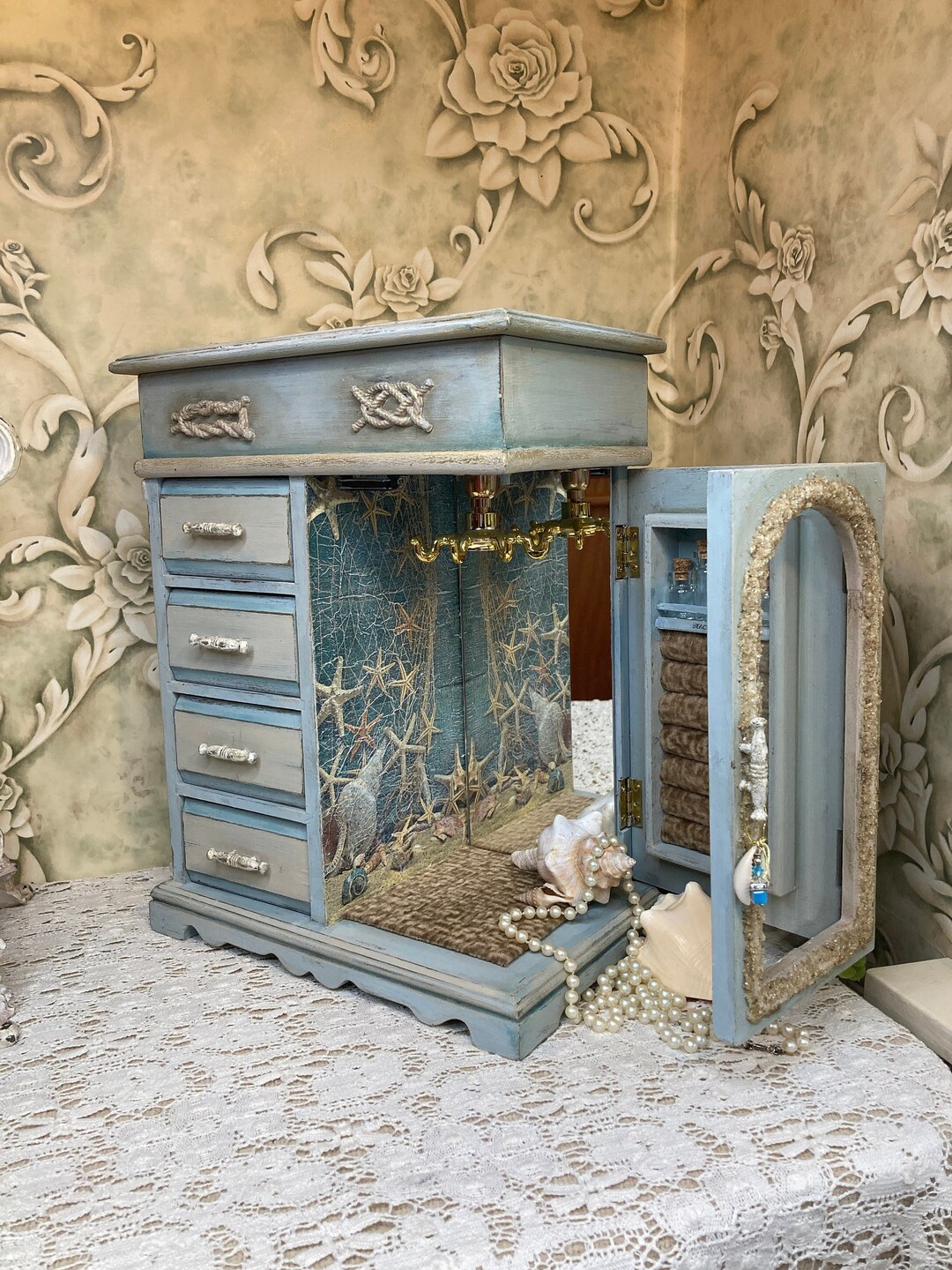 Beach Themed Nautical Jewelry Box, Vintage Solid Wood With Drawers, Includes Mini Bottles for