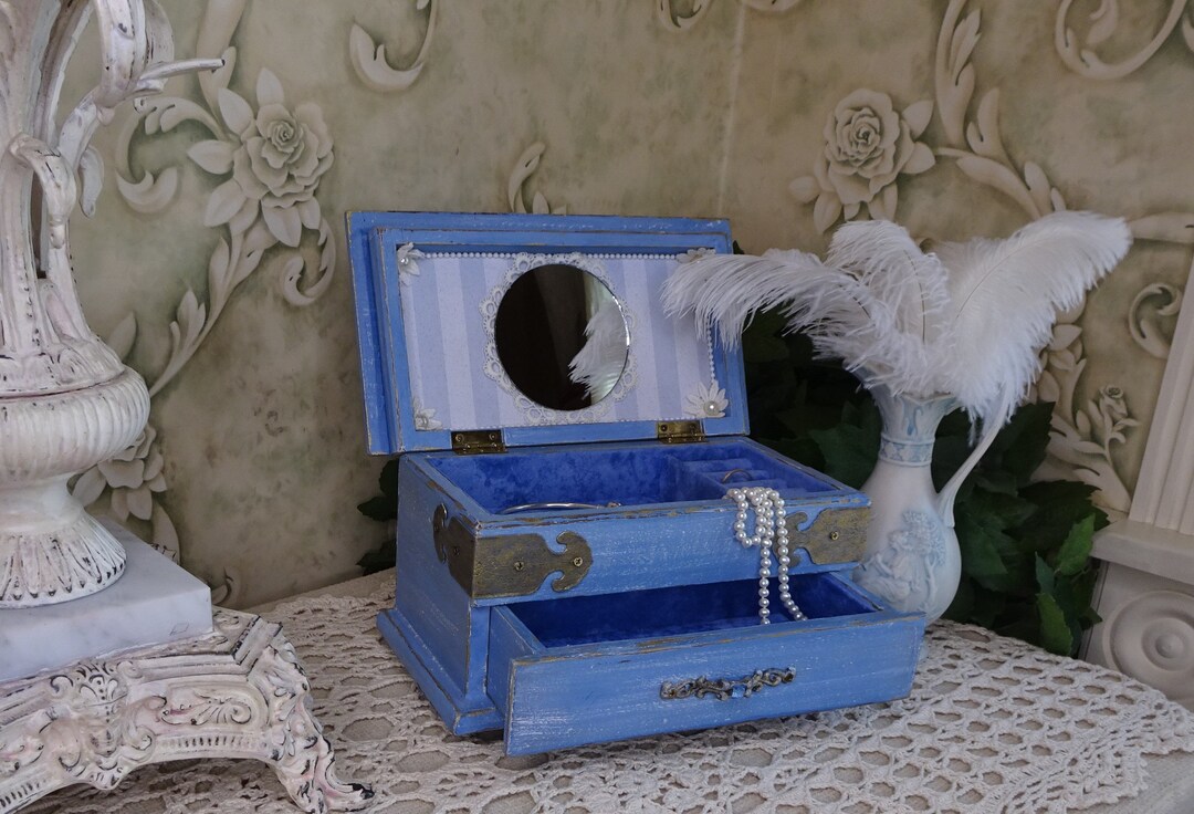 Vintage Blue Jewelry Box Refinished, Shabby Cottage Chic, Brand New