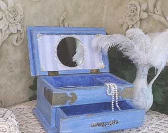 Vintage blue jewelry box refinished, shabby cottage chic, brand new interior, Romantic dainty lace, the perfect gift