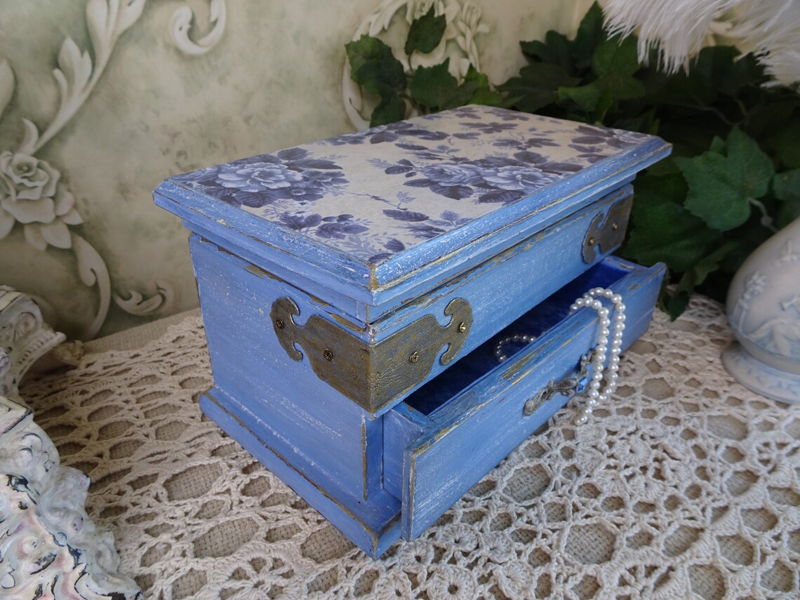 Vintage Blue Jewelry Box Refinished Shabby Cottage Chic Etsy