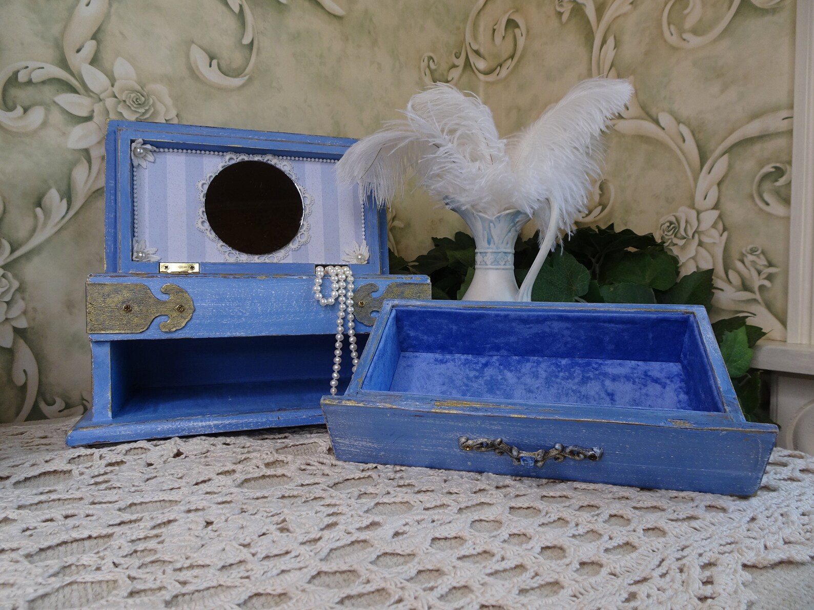 Vintage Blue Jewelry Box Refinished, Shabby Cottage Chic, Brand New