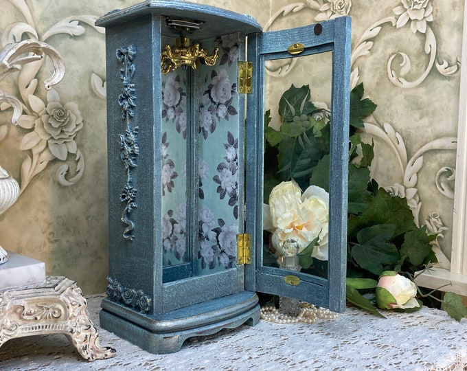 Wooden Jewelry Armoire, Aqua Gray Hand Painted, Jewelry Box Unique Gift