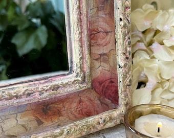 Vintage wood mirror, pink cream chalk  painted floral, crackle shabby cottage 13.5 x 8.5 inches