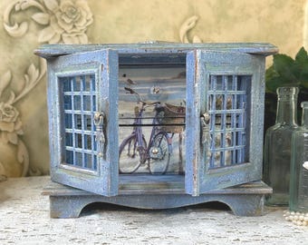 Small Beach Nautical Jewelry Chest, Hand Painted  Box, New Velvet, Wood Drawers, One of a Kind Gift for Man or Woman, Anchor, Bicycle