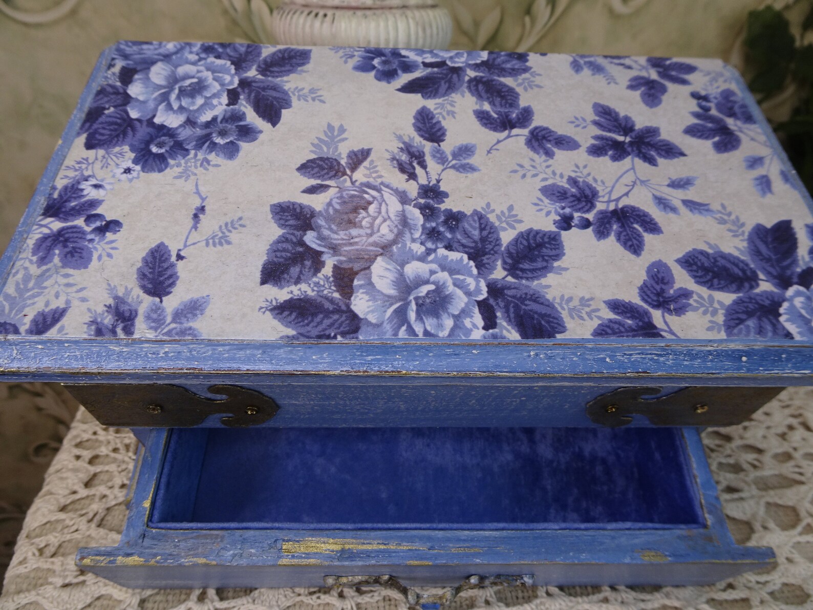 Vintage Blue Jewelry Box Refinished, Shabby Cottage Chic, Brand New