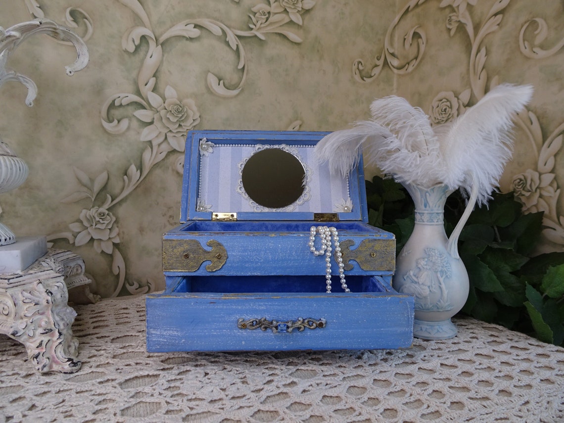 Vintage Blue Jewelry Box Refinished Shabby Cottage Chic Etsy