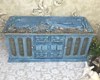 Large Mermaid Jewelry Chest, Hand Painted One of a Kind, Music Box, Nautical Ocean Sea, Anniversary Birthday Gift for Woman