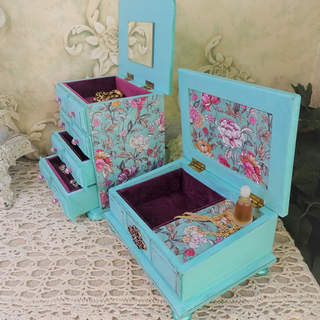Aqua Jewelry Box Set Vintage Solid Wood Musical Upcycled Etsy