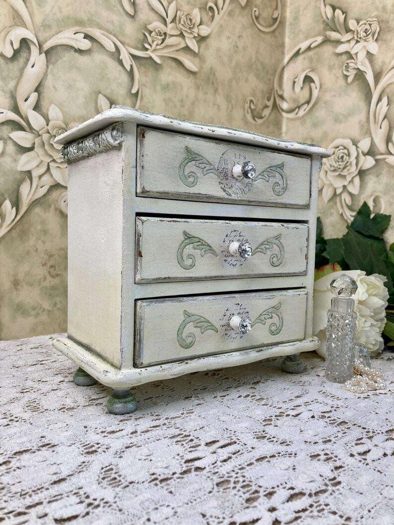 Vintage Jewelry Chest With Drawers, Romantic Gift for Woman, Cream