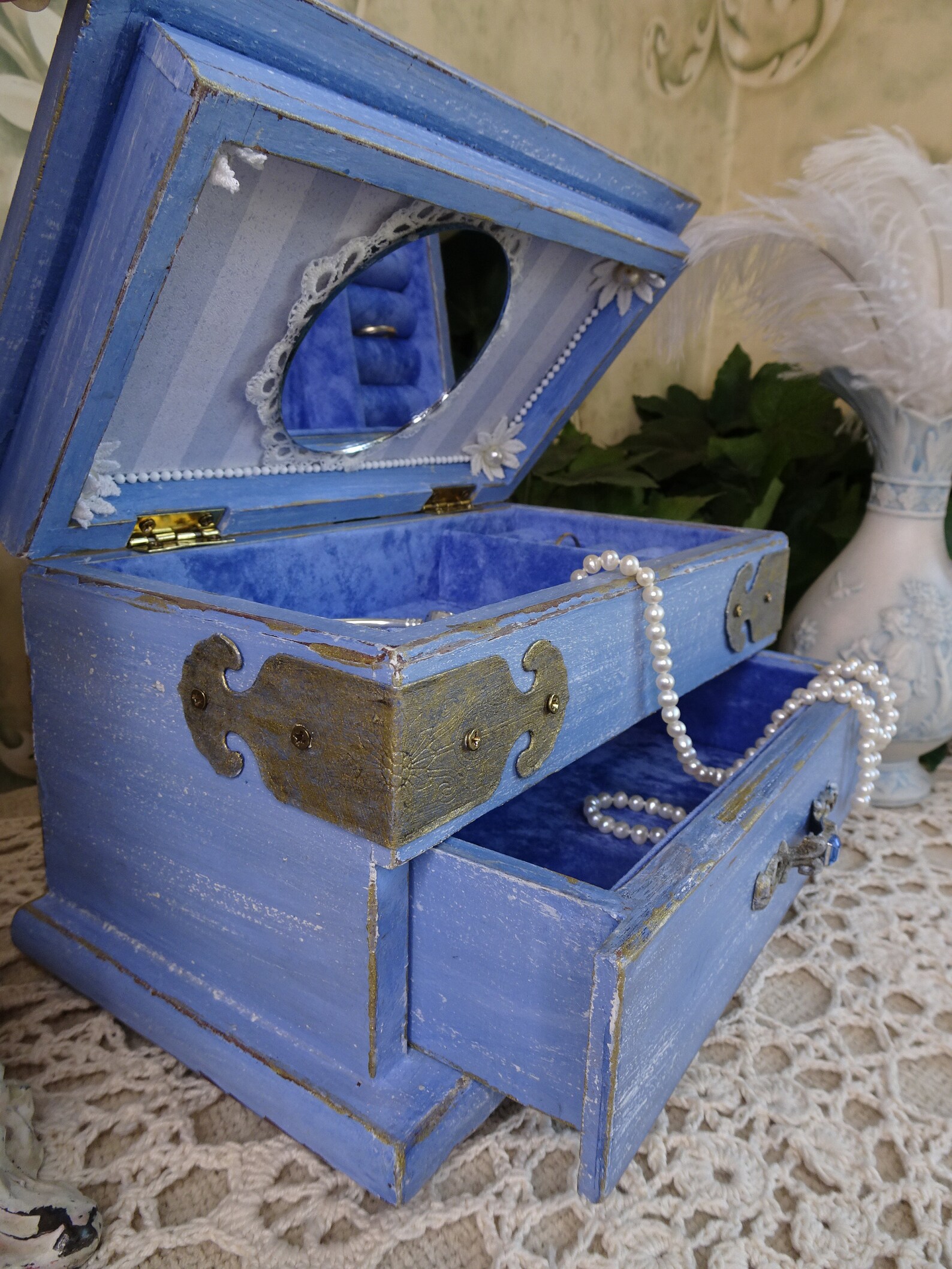 Vintage Blue Jewelry Box Refinished, Shabby Cottage Chic, Brand New
