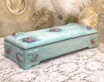 Vintage Godinger Jewelry Box, Hand Painted Over Silver Keepsake, Aqua Green Cherry, New Real Velvet, Luxurious