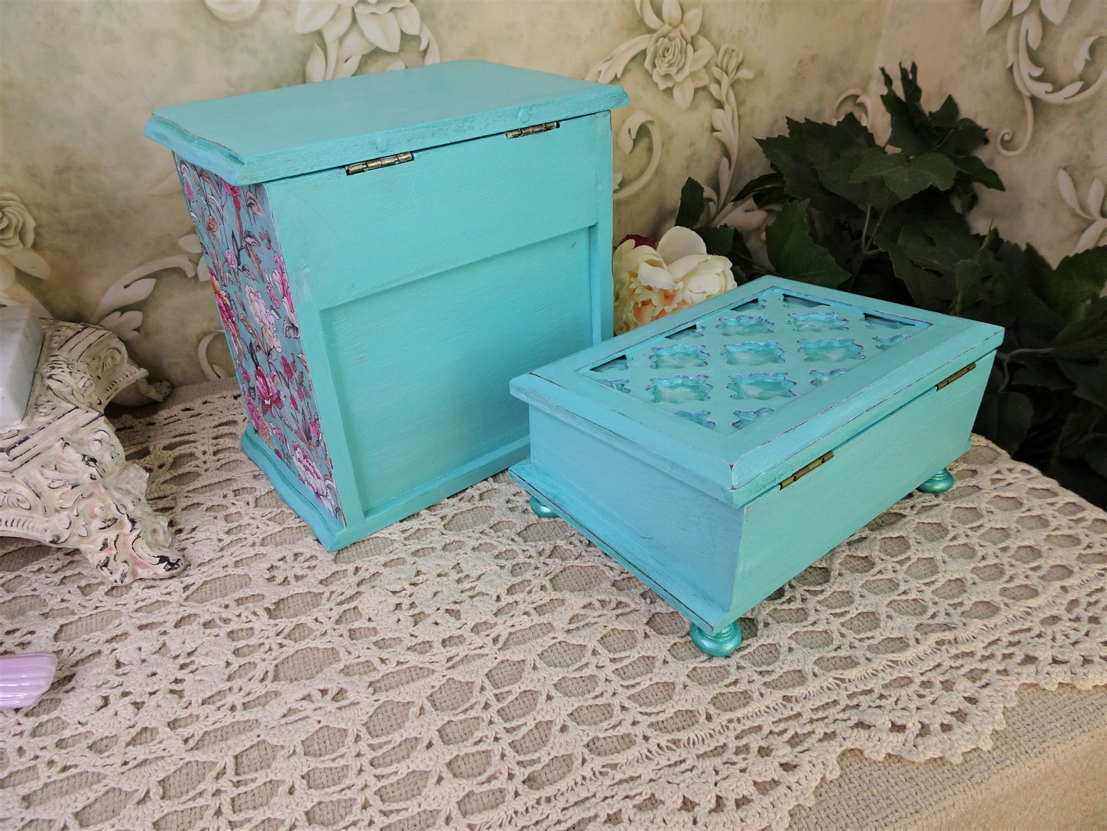 Aqua Green Jewelry Box Set Floral Vintage Music Box Unique Etsy
