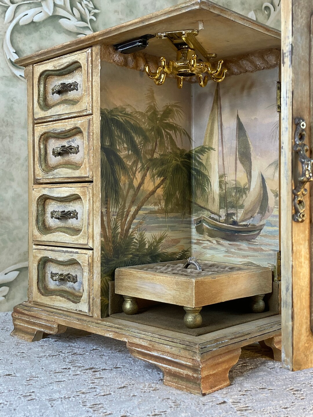 Nautical Beach Jewelry Box, Tropical Pirate Ocean Theme, Vintage Solid Wood, Painted, Glass