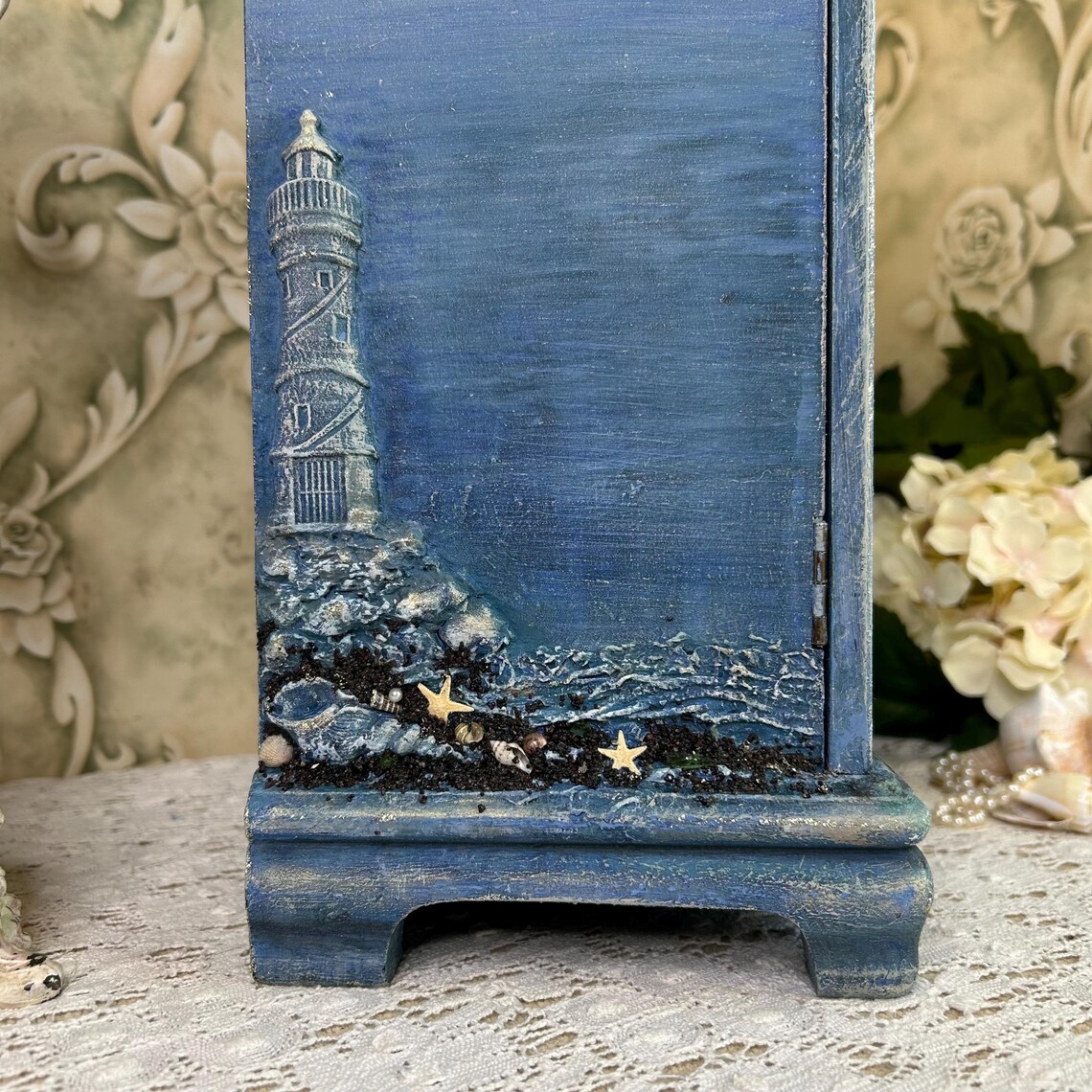 Curated visual reference: Fresh Look at Beach Nautical Jewelry Armoire Hand Painted Beach Ocean Lighthouse