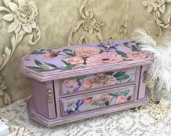 Vintage Music Jewelry Box, Pink Floral Solid Wood Chest,  One of a Kind, Anniversary gift for woman  Hawaiin Wedding Song