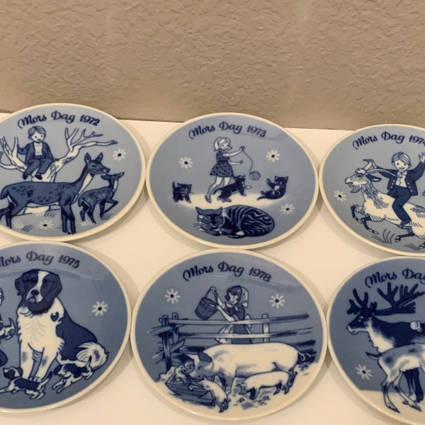 Set of 6 Porsgrund Norway Mors Dag Mother’s Day Porcelain 5.24” Plates 1972 1973 1974 1975 1978 1979 Blue with Boxes