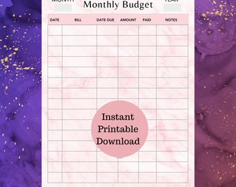 May include: A printable monthly budget planner with a pink marble background. The planner has columns for date, bill, date due, amount, paid, and notes.