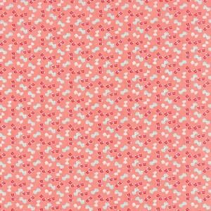 May include: A coral-colored fabric with a repeating pattern of small bows. The bows are in three colors: white, light blue, and red. The bows are scattered across the fabric in a diagonal pattern. This fabric is suitable for sewing projects.
