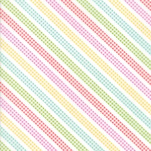 May include: A repeating pattern of diagonal stripes in various pastel colors, including pink, red, yellow, green, and blue. Each stripe features a gingham check design, creating a cheerful and playful aesthetic. The background is white.