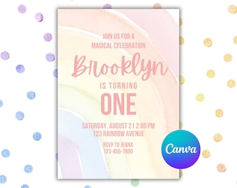May include: A pink and white watercolor rainbow birthday invitation with the text "Join us for a magical celebration Brooklyn is turning one. Saturday, August 21 2:00 PM 123 Rainbow Avenue RSVP to Jenna 123-456-7890"