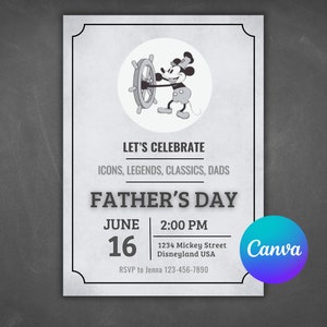 Editable Father&#39;s Day Invitation Canva Template – Vintage Mickey - Steamboat Willie, Vintage, Classic, dad&#39;s, grandpa&#39;s, men&#39;s