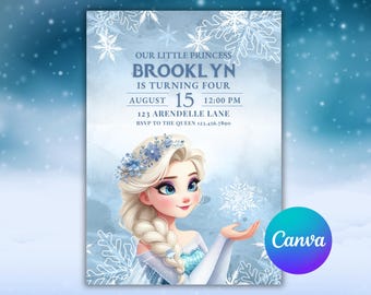 May include: A blue and white invitation card with a snowflake design. The text on the card reads "Our Little Princess Brooklyn is Turning Four August 15 12:00 PM 123 Arendelle Lane RSVP to the Queen 123.456.7890". The card features a cartoon image of a blonde princess with blue eyes wearing a blue and white dress.