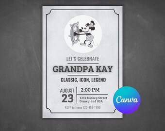 Mickey Mouse - Steamboat Willie Invitation - Editable Digital Template for Dads, grandpas, classic, vintage