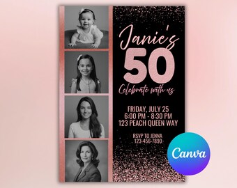 Rose Gold Milestone Birthday Invitation: Pink & Black, Photo Template (Digital Download)