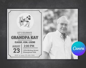 Steamboat Willie Birthday Invitation: Vintage Mickey Mouse Photo Template (Digital)
