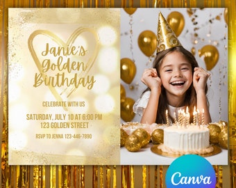 Golden Birthday / All Gold Party Invitation with Photo -  Editable Digital Template