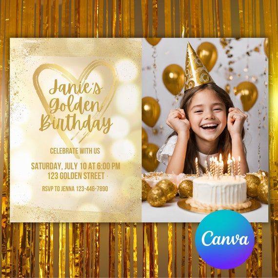 Golden Birthday / All Gold Party Invitation with Photo -  Editable Digital Template