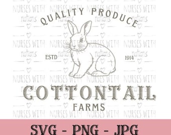 May include: A black and white illustration of a rabbit sitting on a white background with the text "Quality Produce Cottontail Farms" and "Nurses With Motions" repeated around the image.