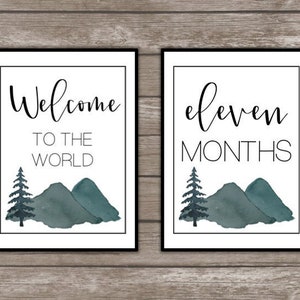 Cartes d'étapes mensuelles imprimables Mountain Baby | Accessoires photo bébé | Thème Montagne | La première année de bébé | Jalons de bébé | Cadeau de douche de bébé