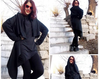 Black Asymmetric Coat / Quilted Cotton Coat / Black Tunic / Women Black Top TC10