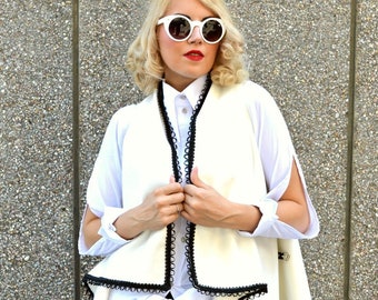 Blend Wool White Vest, Asymmetrical White Vest with Black Bordure Lace, Sleeveless Vest TC43