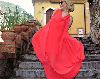 Coral Maxi Dress, Sheer Coral Kaftan, Coral Long Summer Dress, Kaftan Cover with Underneath Dress TDK251 by TEYXO
