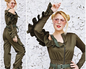 Military Cotton Jumpsuit, Off Shoulder Jumpsuit, Khaki Jumpsuit with Flounces TJ34, Military Zipper Jumpsuit, Haute Couture, Womens Clothes